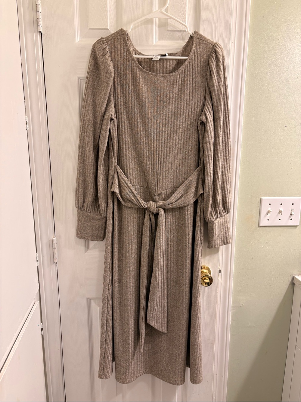 WISP Ribbed Knit Midi Dress with Tie Waist – Taupe/Heather Beige – Size 14